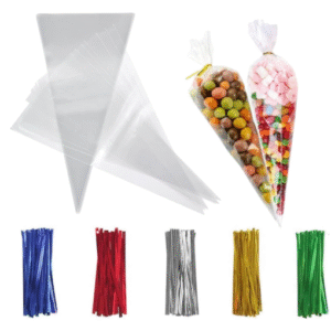 16×30cm Crystal Clean Cone Bags 100Pcs Cellophane Bags with Coloured Twist Ties
