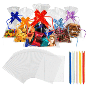 Cellophane Bags, Cookie Bags With Colorful Pull Bows, Clear Gift Bags For Food Storage, Flat Sweet Bags For Gifts On Special Occasions (8x12 Inch (Pack of 100))